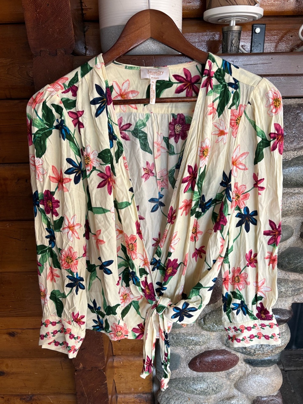 Laundry by Shelli Segal Floral Tie Front Boho Blouse Cream M